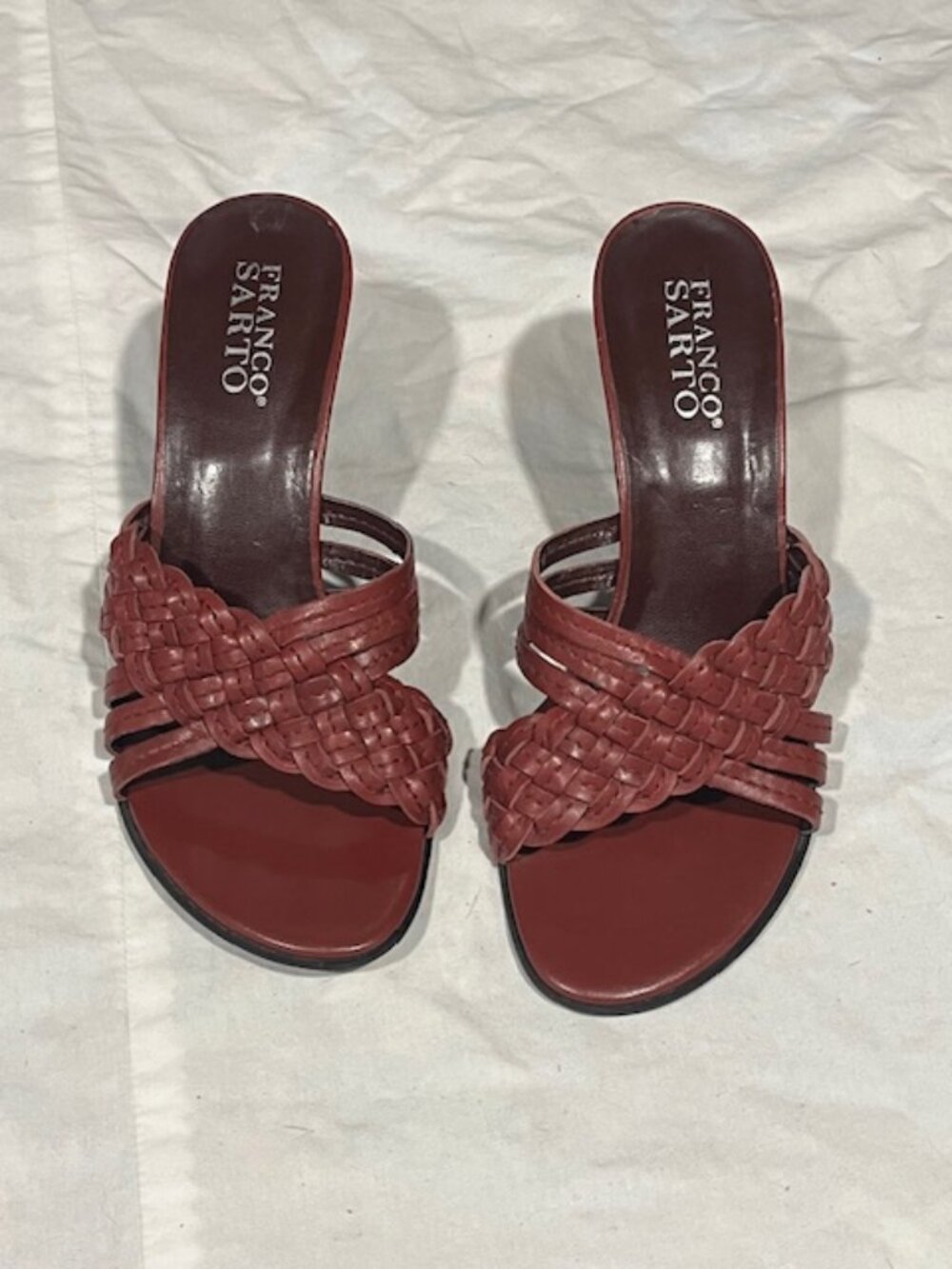 VTG Franco Sarto Red Wine Burgundy Woven Leather Wedge Strappy Slip-On Heels 7M